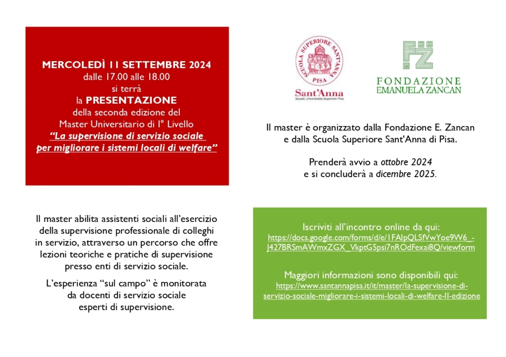 Mercoledì 11 settembre 2024 dalle 17.00 alle 18.00 si terrà la presentazione della seconda edizione del Master Universitario di I° Livello “La supervisione di servizio sociale per migliorare i sistemi locali di welfare”